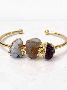 Gold Tone Raw Gemstone Cuff Bracelet – Druzy Quartz Amethyst Statement Open Bang